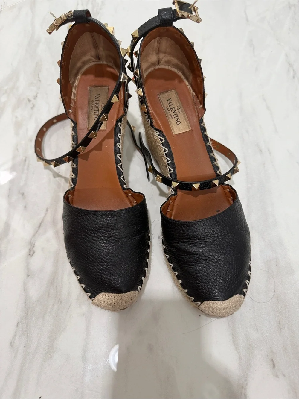 Valentino Garavani Black Leather Studded Espadrille Wedge Sandals - Picture 4 of 8